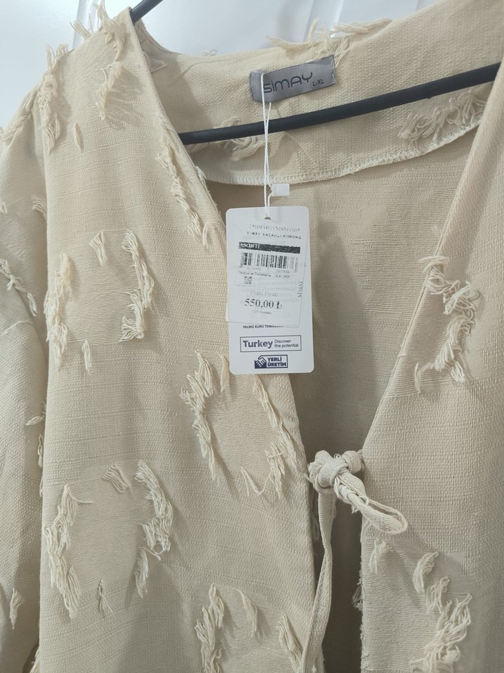 Düğmeli Bej Kadın Keten Kimono - Görsel 2