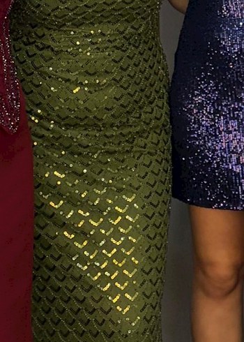 Parlak Haki Yılan Desenli Straplez Abiye Elbise - Görsel 2