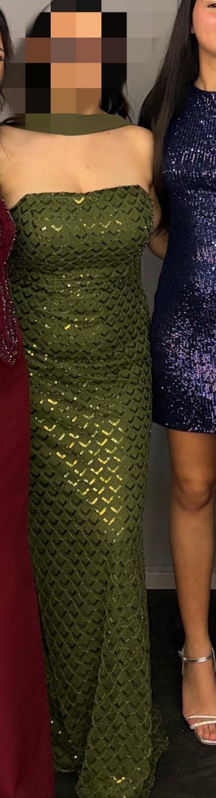 Parlak Haki Yılan Desenli Straplez Abiye Elbise - Görsel 2