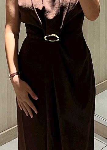 Drapeli Kahverengi Uzun Kadın Elbise - Görsel 3