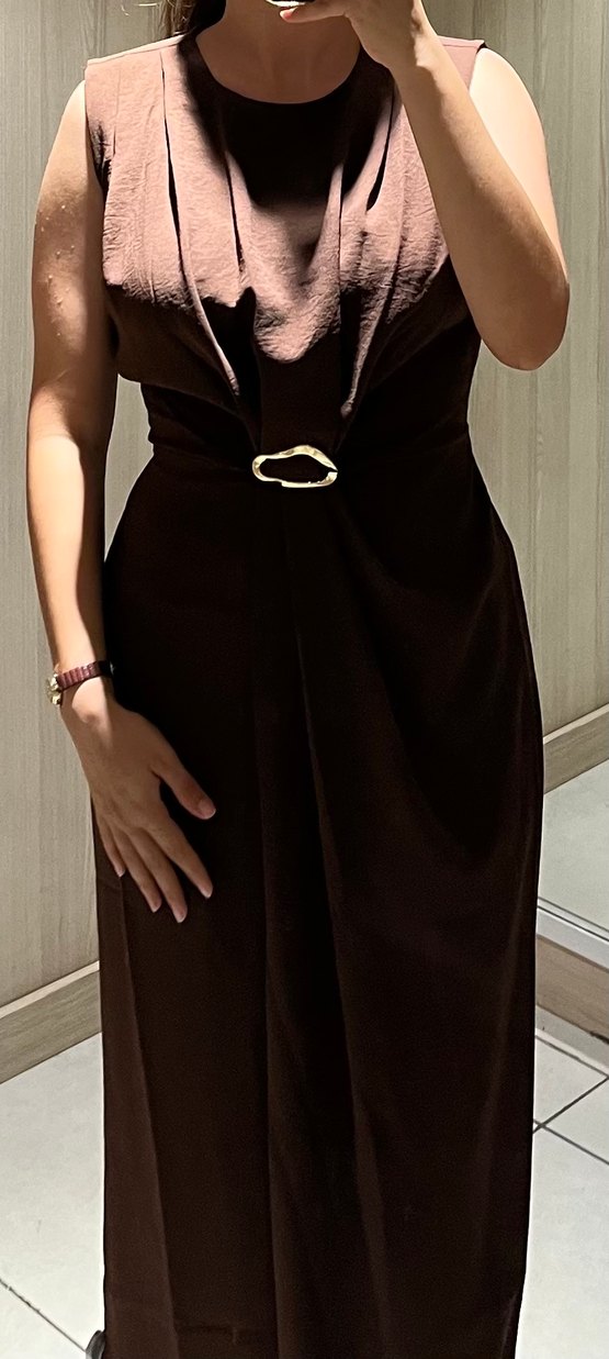 Drapeli Kahverengi Uzun Kadın Elbise - Görsel 3