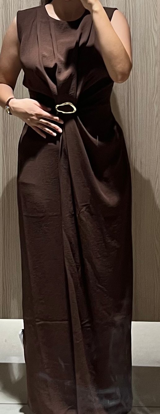 Drapeli Kahverengi Uzun Kadın Elbise - Görsel 4