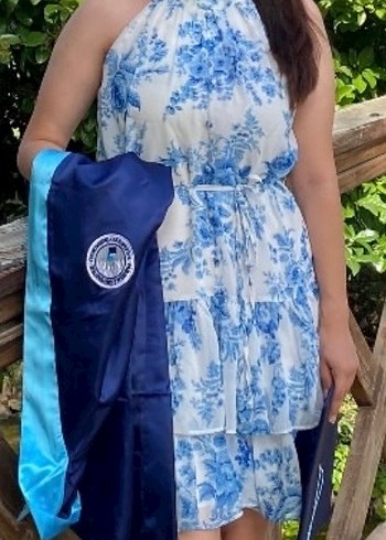 Bohem Mini Elbise, Fırfırlı, Yüksek Yaka, Mavi - Görsel 2