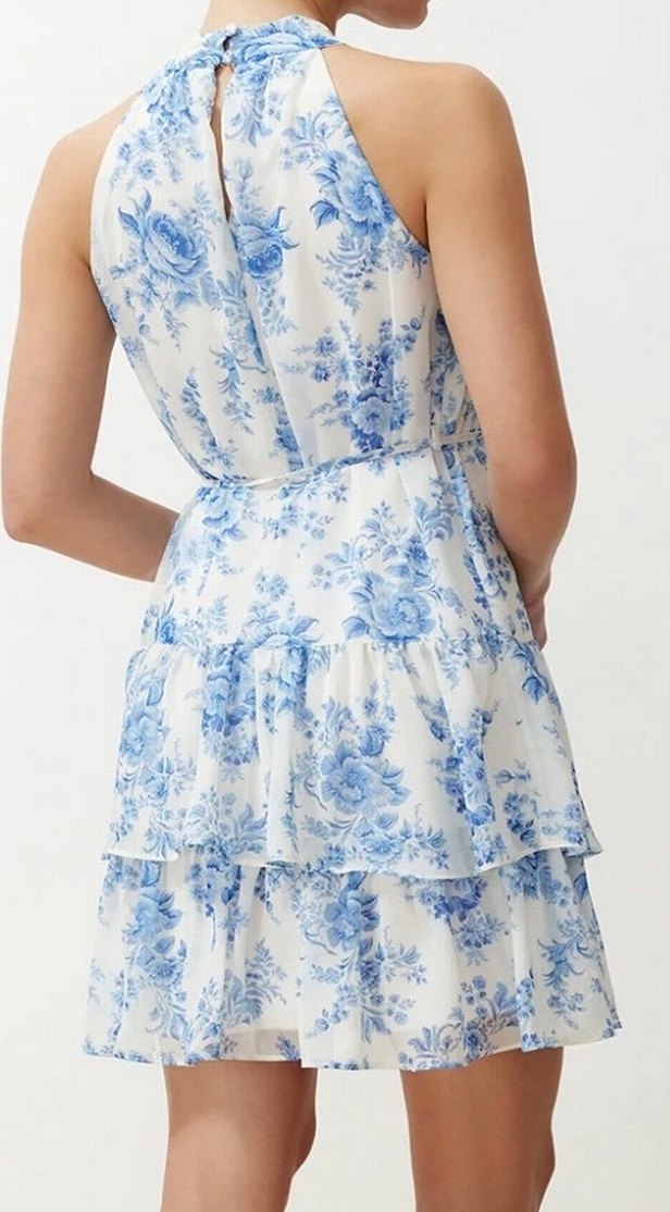 Bohem Mini Elbise, Fırfırlı, Yüksek Yaka, Mavi - Görsel 3