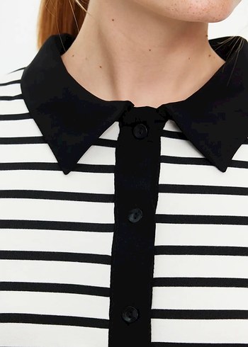 Düğmeli Siyah-Beyaz Çizgili Midi Elbise - Görsel 3