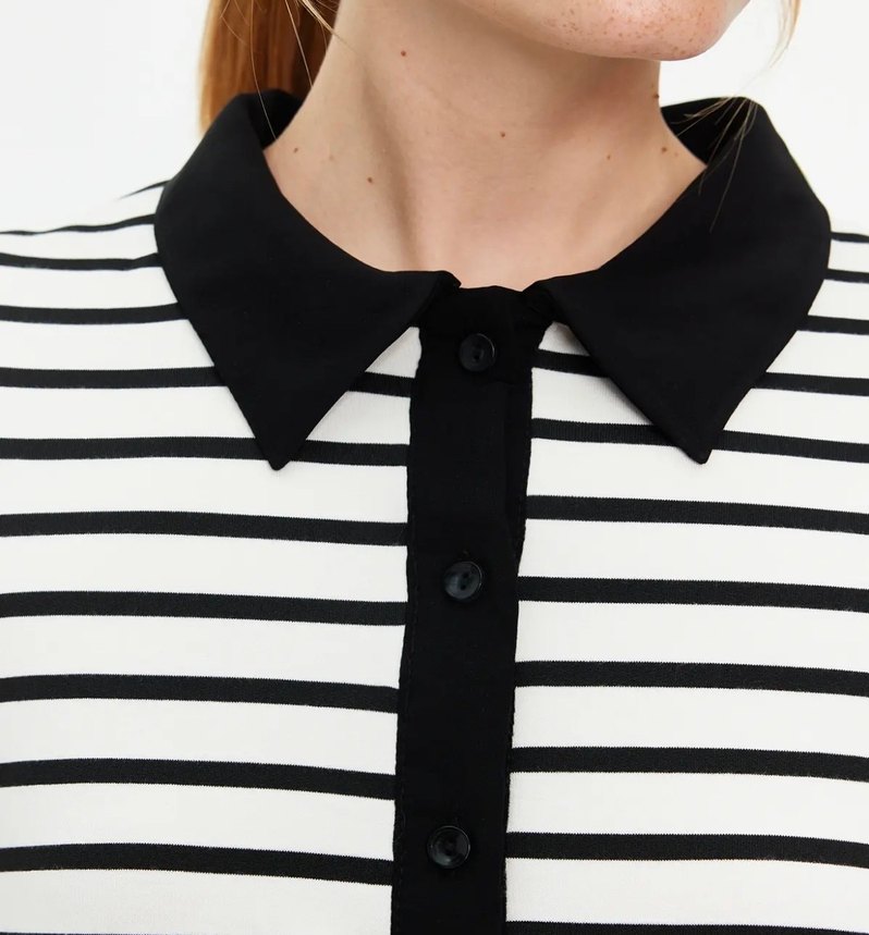 Düğmeli Siyah-Beyaz Çizgili Midi Elbise - Görsel 3