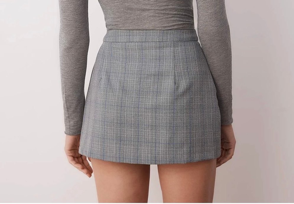 Kadın Gri Ekoseli Mini Etek - Görsel 2