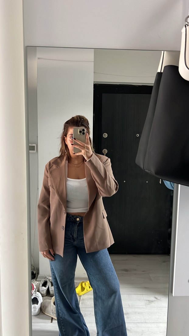 Bej Kadın Düğmeli Blazer Ceket - Görsel 3