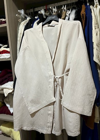 Kadın krem rengi Keten Salaş Kimono - Görsel 2