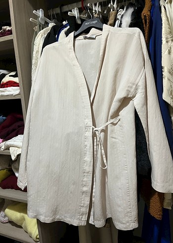 Kadın krem rengi Keten Salaş Kimono - Görsel 3