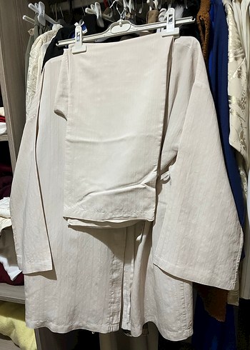 Kadın krem rengi Keten Salaş Kimono - Görsel 5