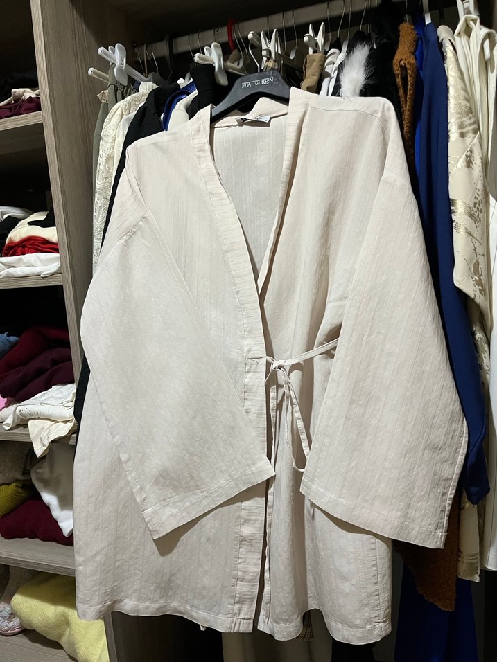 Kadın krem rengi Keten Salaş Kimono - Görsel 2