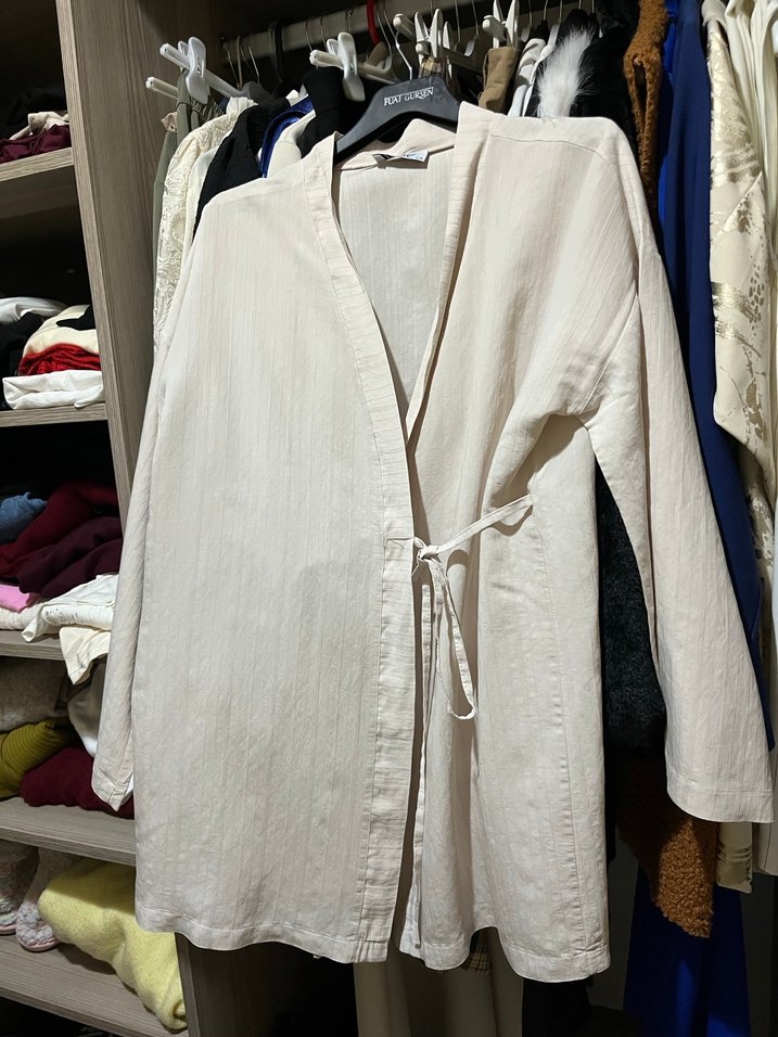 Kadın krem rengi Keten Salaş Kimono - Görsel 3