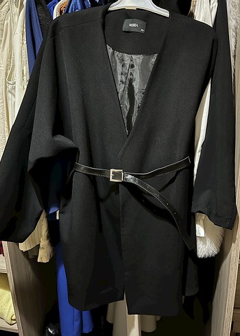 Siyah Deri Kuşaklı Midi Kadın blazer ceket - Görsel 2