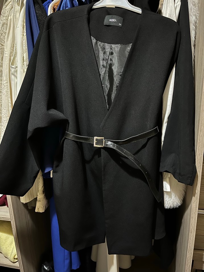 Siyah Deri Kuşaklı Midi Kadın blazer ceket - Görsel 2