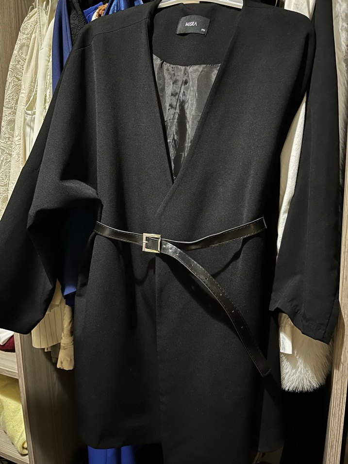 Siyah Deri Kuşaklı Midi Kadın blazer ceket - Görsel 3