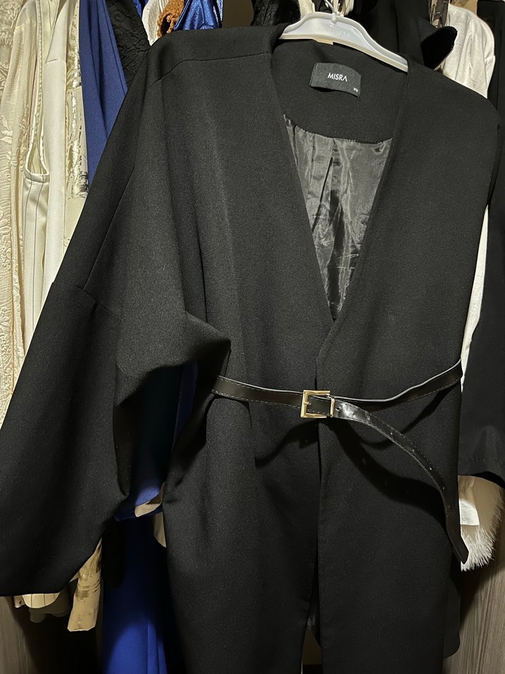 Siyah Deri Kuşaklı Midi Kadın blazer ceket - Görsel 4