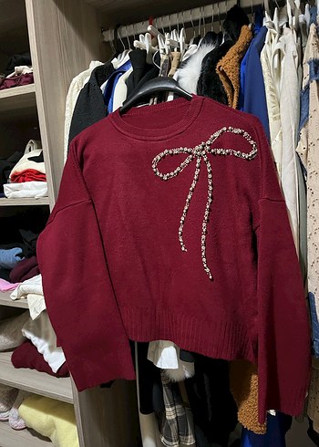 Bordo Nakışlı Oversize Örgü Kadın Kazak - Görsel 2