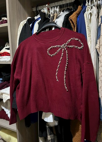 Bordo Nakışlı Oversize Örgü Kadın Kazak - Görsel 4