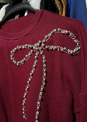 Bordo Nakışlı Oversize Örgü Kadın Kazak - Görsel 3