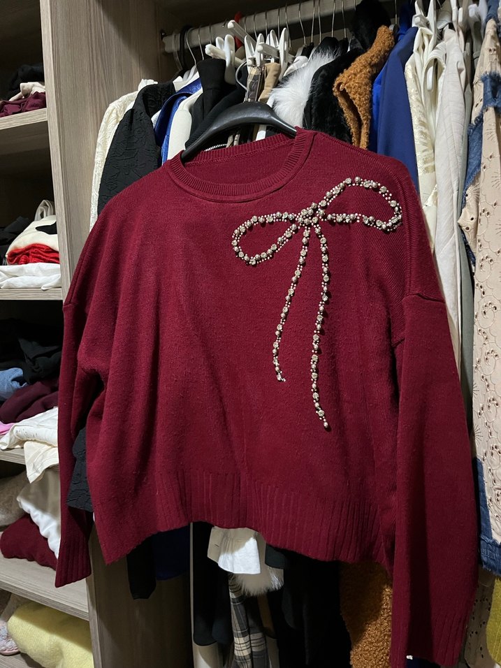 Bordo Nakışlı Oversize Örgü Kadın Kazak - Görsel 4