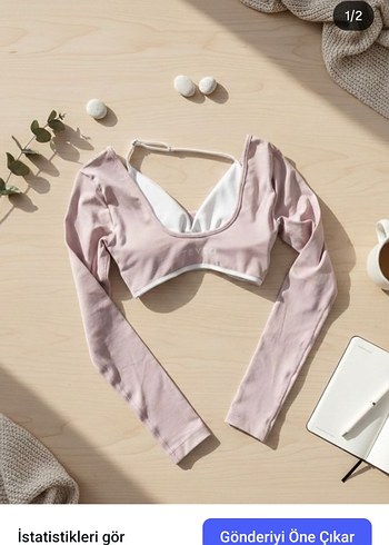 V Yaka Uzun Kollu Crop Bluz - Görsel 2