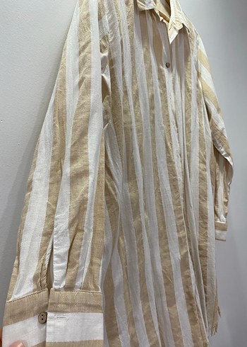 Bej Çizgili Uzun Keten Gömlek - Görsel 3