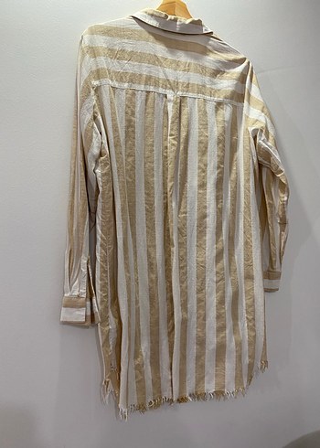 Bej Çizgili Uzun Keten Gömlek - Görsel 2