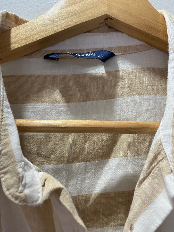 Bej Çizgili Uzun Keten Gömlek - Görsel 4