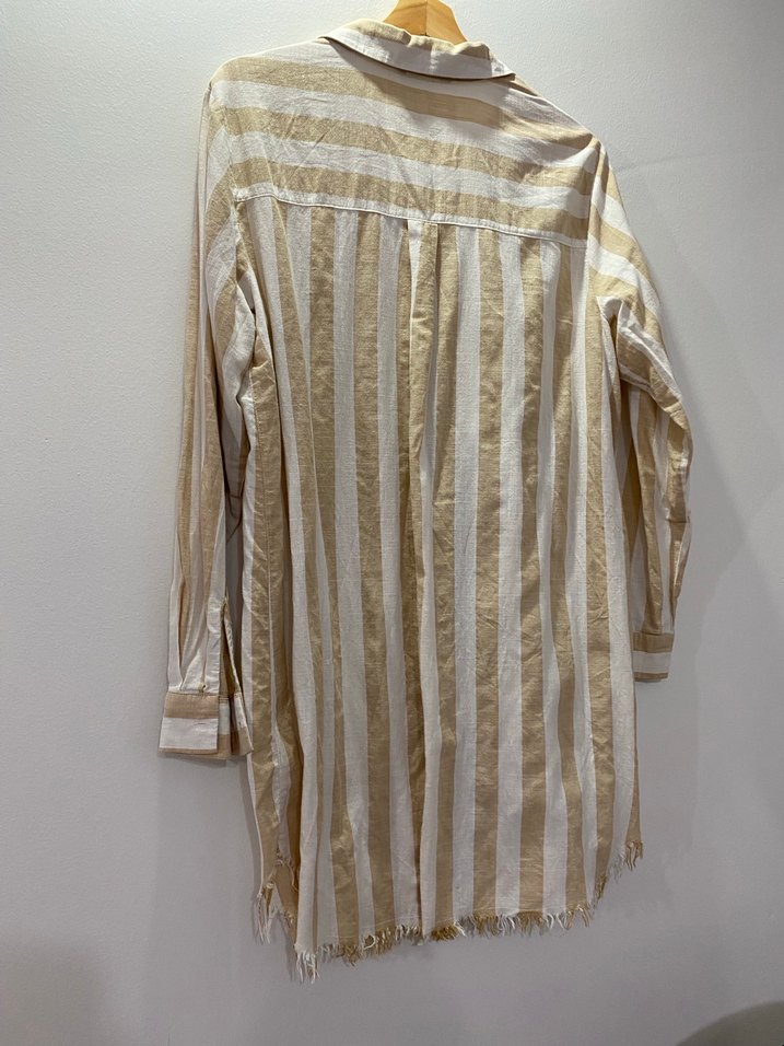Bej Çizgili Uzun Keten Gömlek - Görsel 2