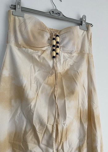 Kadın Bej Uzun Straplez Bohem Elbise - Görsel 3