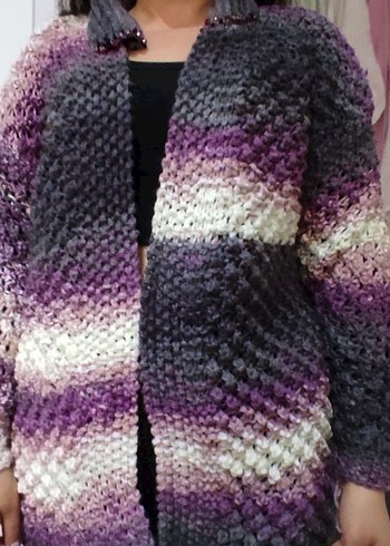 Mor Gri Bağlama Desenli Boğazlı Kadın Hırka - Görsel 3