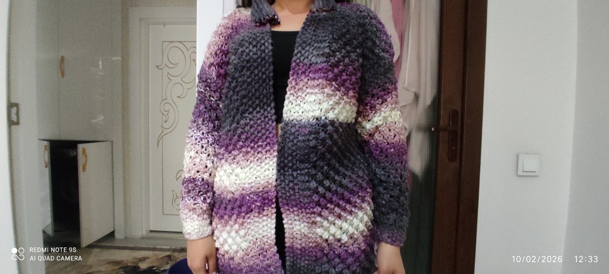 Mor Gri Bağlama Desenli Boğazlı Kadın Hırka - Görsel 3