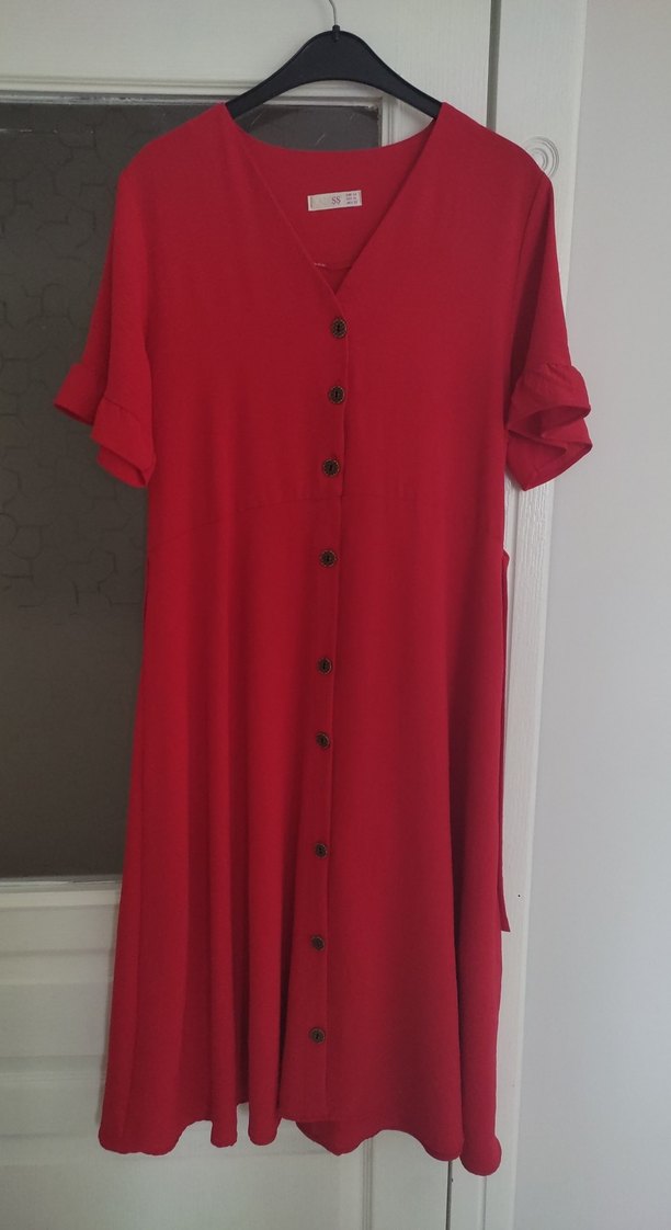 Kırmızı Midi Düğmeli V Yaka Kadın Elbise - Görsel 3