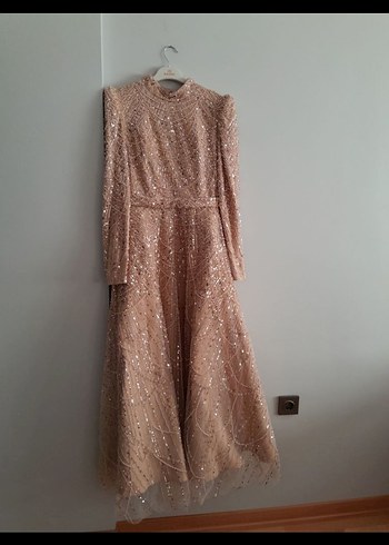 Uzun Kollu Taşlı Bej Kadın Abiye Elbise 38-40 beden uyumlu - Görsel 3