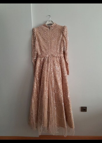 Uzun Kollu Taşlı Bej Kadın Abiye Elbise 38-40 beden uyumlu - Görsel 2