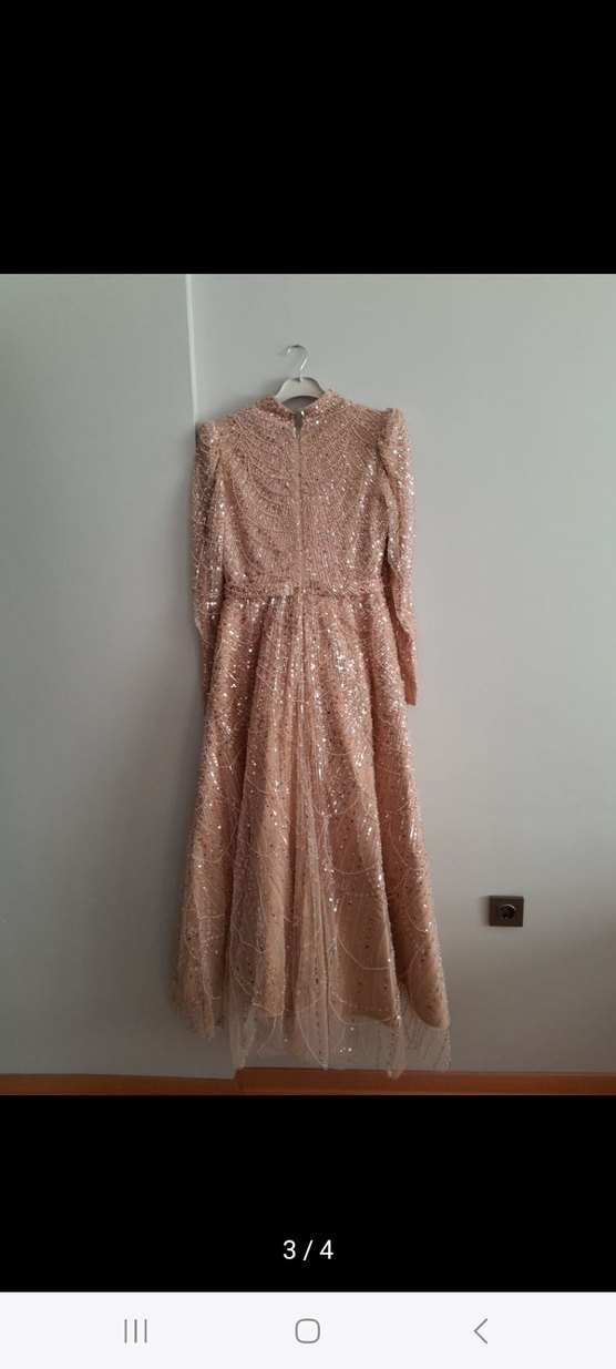 Uzun Kollu Taşlı Bej Kadın Abiye Elbise 38-40 beden uyumlu - Görsel 2