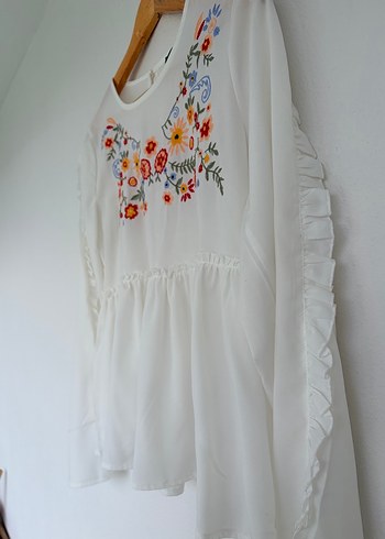 Nakışlı Beyaz Bohem Uzun Kollu Bluz - Görsel 7