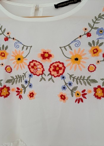 Nakışlı Beyaz Bohem Uzun Kollu Bluz - Görsel 5