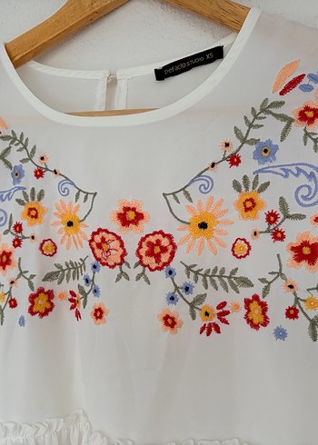 Nakışlı Beyaz Bohem Uzun Kollu Bluz - Görsel 3