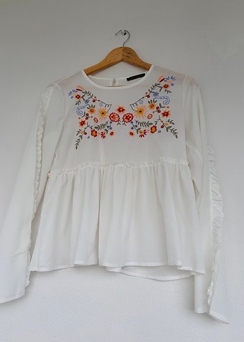 Nakışlı Beyaz Bohem Uzun Kollu Bluz - Görsel 2