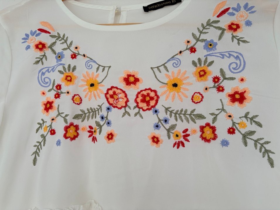 Nakışlı Beyaz Bohem Uzun Kollu Bluz - Görsel 5