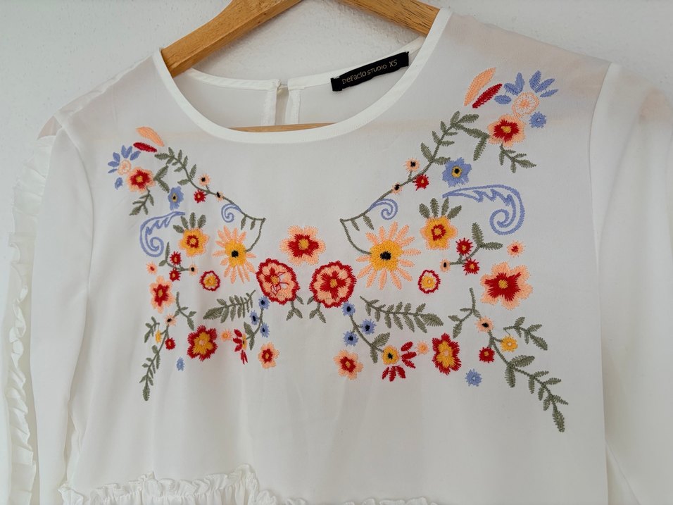 Nakışlı Beyaz Bohem Uzun Kollu Bluz - Görsel 3