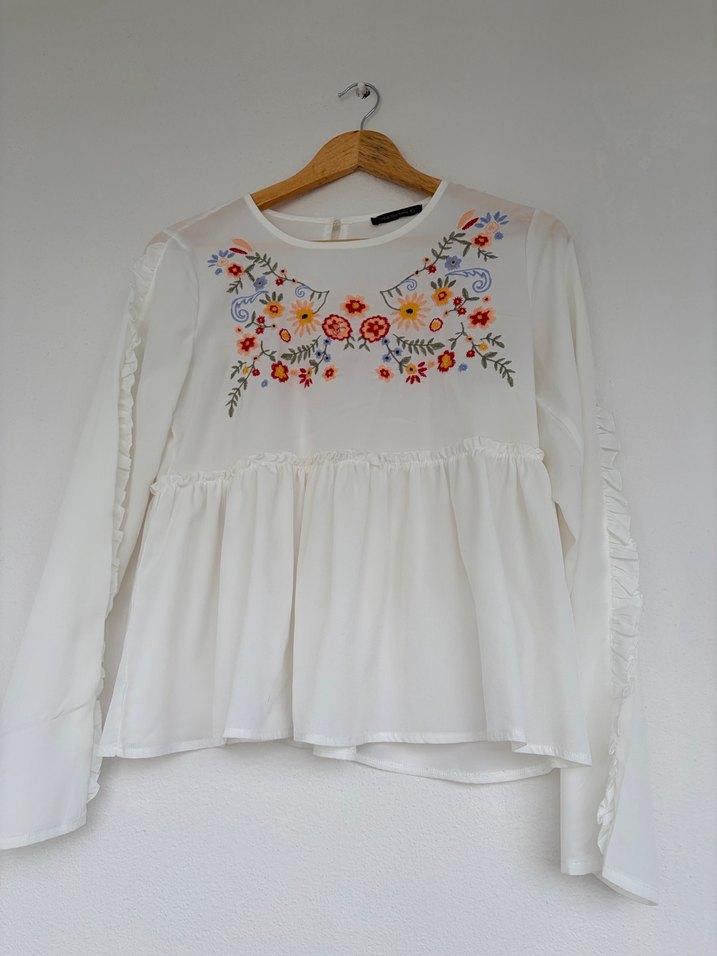 Nakışlı Beyaz Bohem Uzun Kollu Bluz - Görsel 2