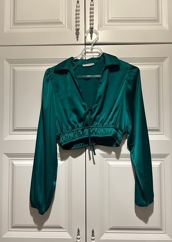 Turkuaz V Yaka Mini Saten Bluz - Görsel 2