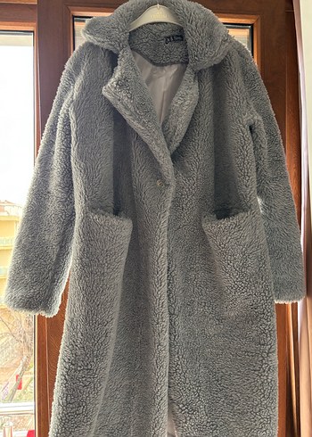 Gri Uzun Peluş Kadın Kaban - Görsel 2
