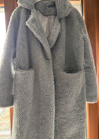 Gri Uzun Peluş Kadın Kaban - Görsel 3