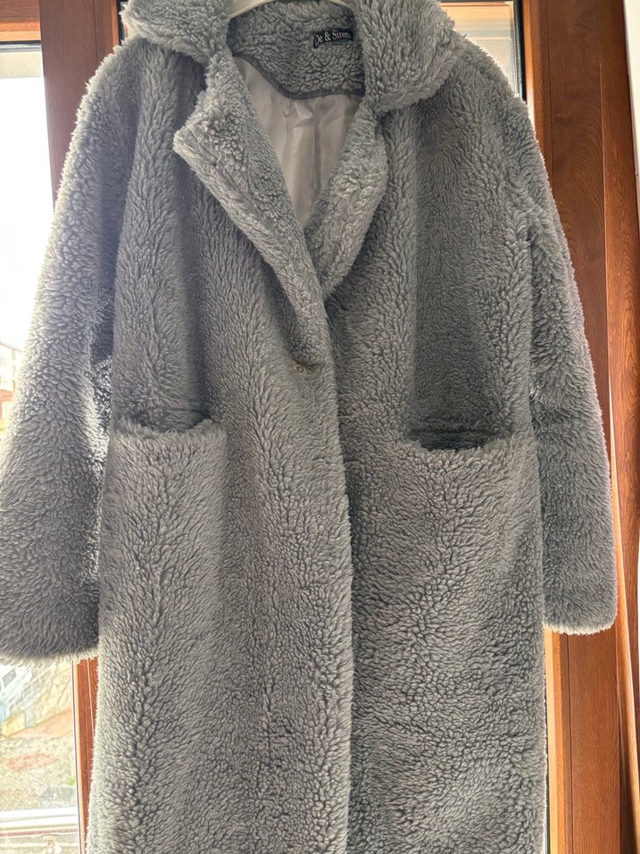 Gri Uzun Peluş Kadın Kaban - Görsel 3