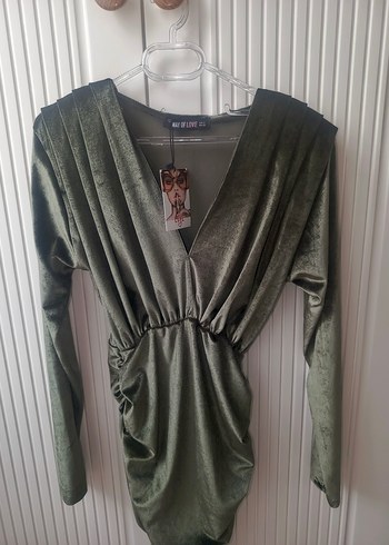 Kadın Parlak Haki V Yaka Drapeli Midi Elbise - Görsel 4