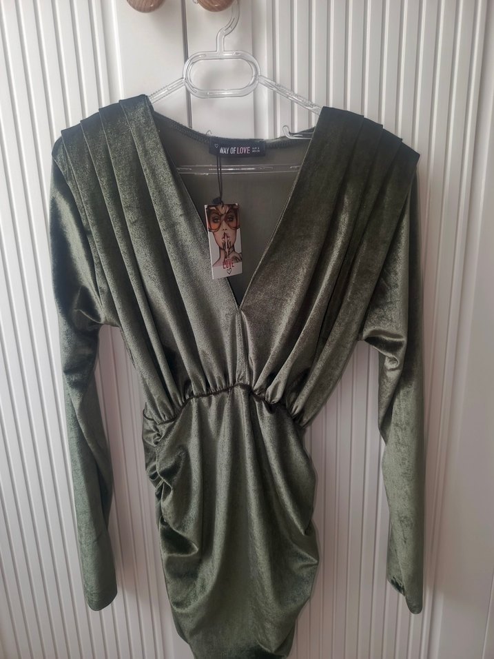 Kadın Parlak Haki V Yaka Drapeli Midi Elbise - Görsel 4